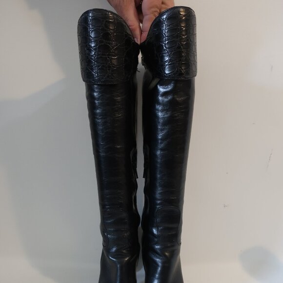 Women Gucci Black 100% Leather Alligator Croc Knee High Heel Designer Boots 6 - Picture 2 of 16